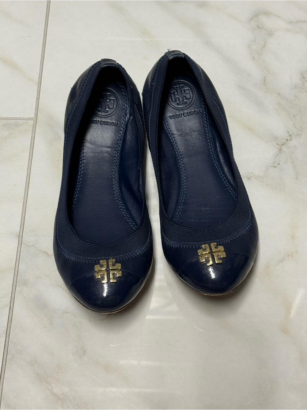 Tory Burch Navy Patent Leather Ballet Flats with Gold Logo